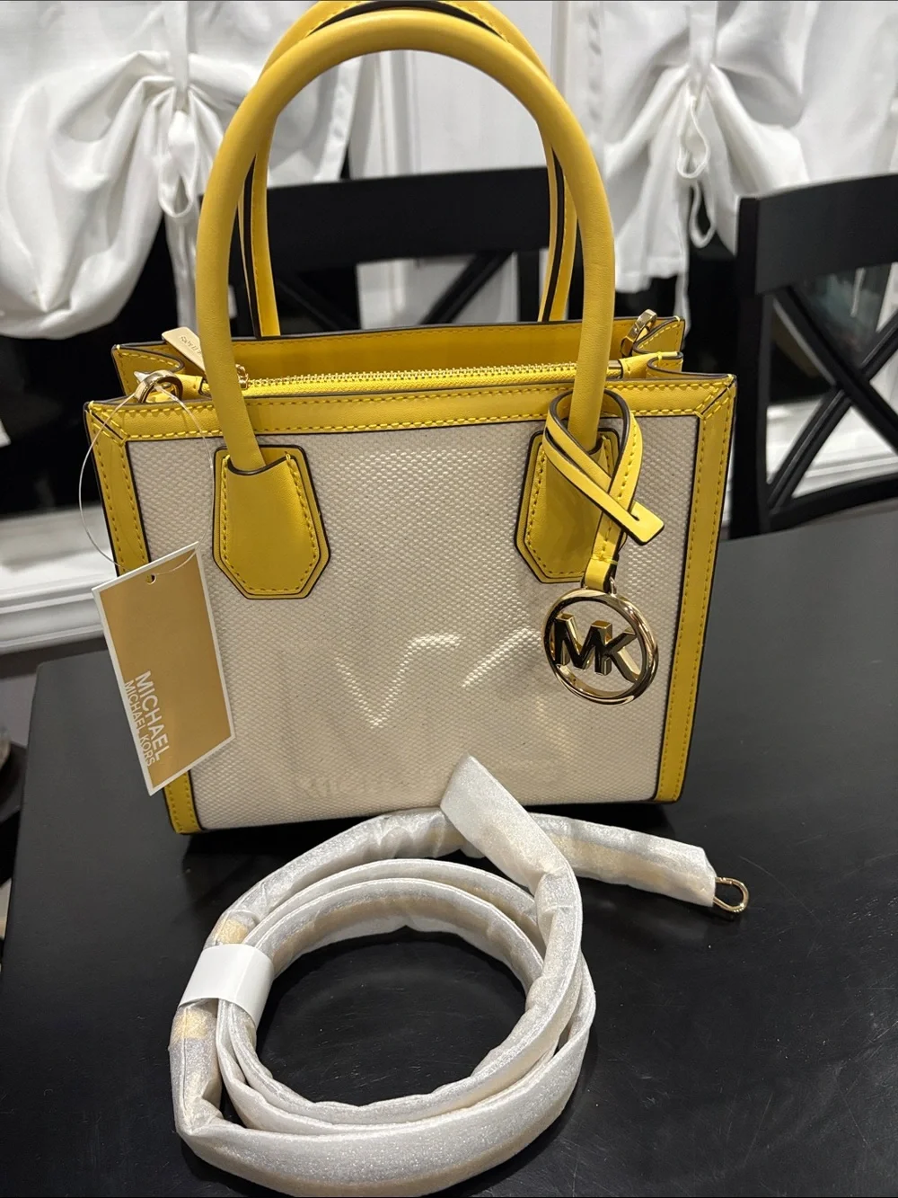 NWT MICHAEL KORS Mercer Medium Daffodil Logo Embossed Cotton Canvas Crossbody